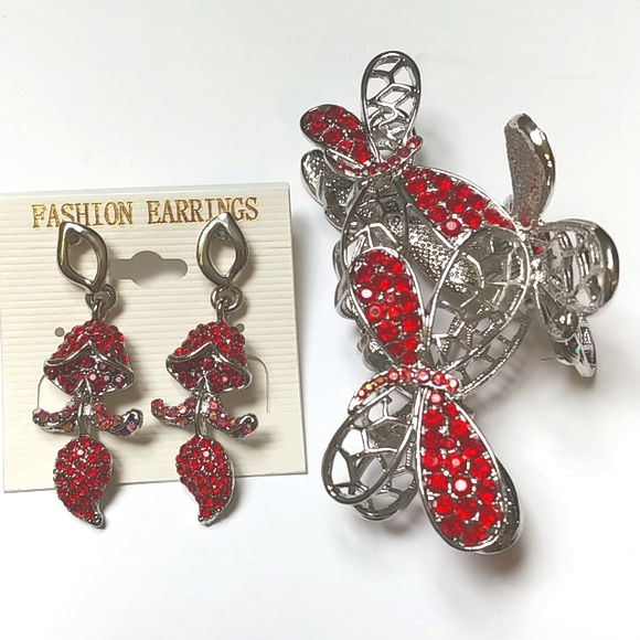 Red dragonflies hair clip & ✨FREE✨ earrings NWT - Picture 1 of 7